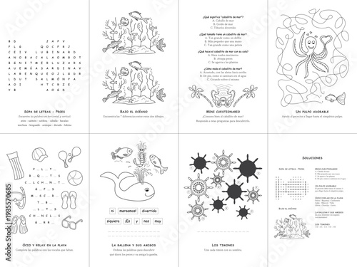 Photos Set of 7 kids sea activity games, Spanish language, educational worksheet, vector illustration, No