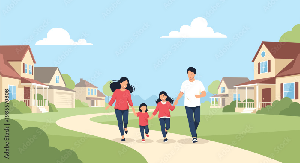 Obraz premium Joyful family with two young daughters running along a winding path in a sunny suburban neighborhood surrounded by green grass and houses.
