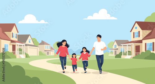 Joyful family with two young daughters running along a winding path in a sunny suburban neighborhood surrounded by green grass and houses.