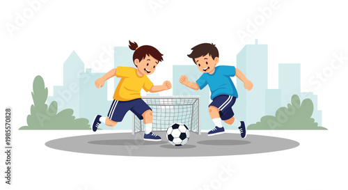 Two active children playing soccer together on a grassy field with a beautiful city skyline and modern buildings in the background.