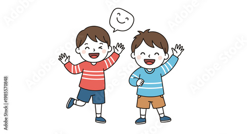 Two cheerful cartoon boys waving their hands and smiling happily while standing together on a clean white background for a kids project.