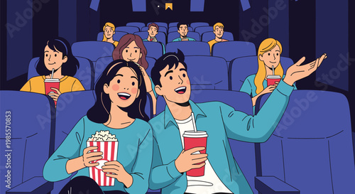 Excited group of friends sitting in a dark movie theater with popcorn and drinks while watching an interesting film on a large screen.