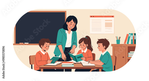 Kind teacher assisting three young primary school students with their reading assignments at a wooden desk in a colorful classroom setting.