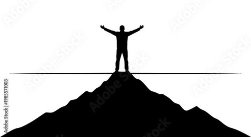 Man standing on mountain peak triumphantly.