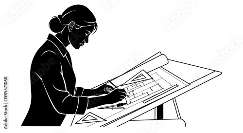 Woman working on drafting table.