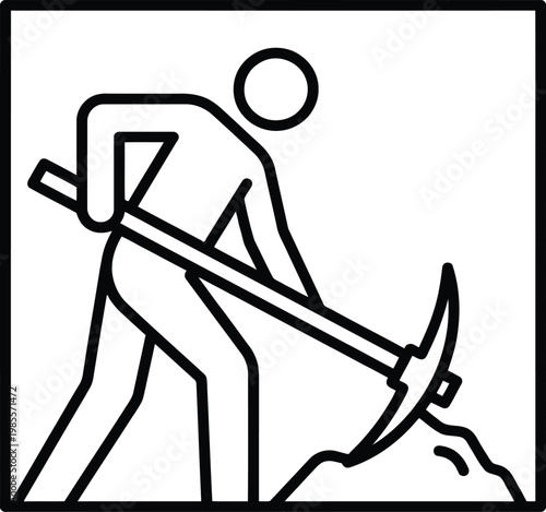 Minimalist outline icon of worker using pickaxe to dig soil in simple thin line style isolated on transparent background.