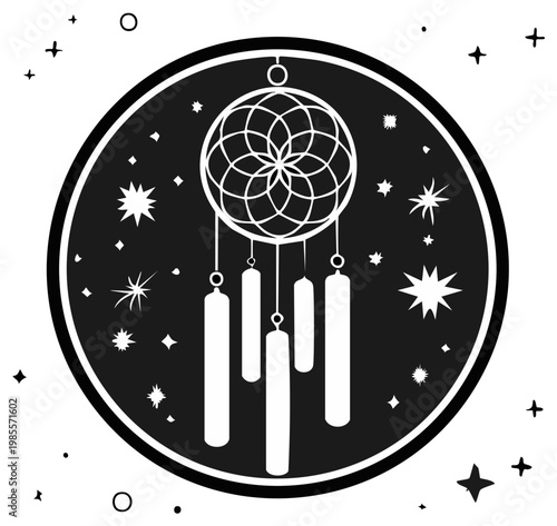 Monochrome Dream Catcher with Celestial Stars Decorative Wall Art and Native American Spiritual Symbolism