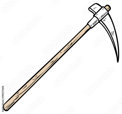 Illustration of a classic scythe with a wooden handle and sharp curved blade