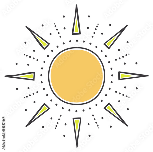 Stylized yellow sun illustration with radiating pointed rays and decorative dots