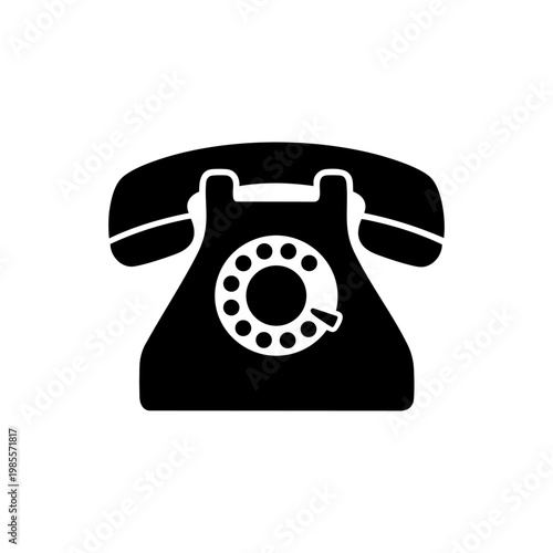 Black silhouette of a retro rotary dial telephone. Minimalist icon of a classic landline phone, isolated on a white background. Vector illustration.
