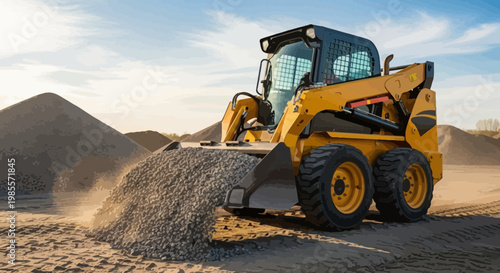 Yellow skid steer loader working with gravel at construction site in cartoon style illustration; heavy equipment; machinery