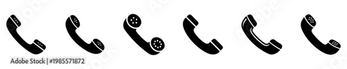 Phone handset icons set. Different styles of call and hotline symbols. Collection of telephone communication pictograms, isolated on a white background. Vector illustration.