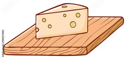 Tasty cartoon cheese wedge with distinctive holes resting on a wooden chopping board kitchen food graphic