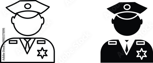 Police officer icon set in outline and solid styles, sheriff avatar vector illustration, law enforcement security guard symbols for web design