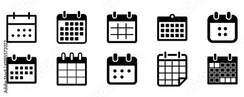Large set of calendar icons in various styles. Symbols for task planning, scheduling, and important events in interface design. Vector illustration.