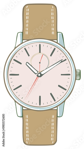 Illustration of a Wristwatch with a Light Pink Face and Brown Leather Strap