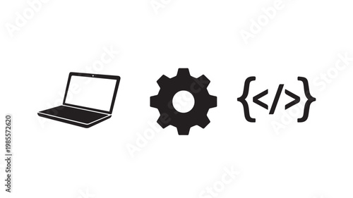 Coding and development concept with laptop gear and code symbols