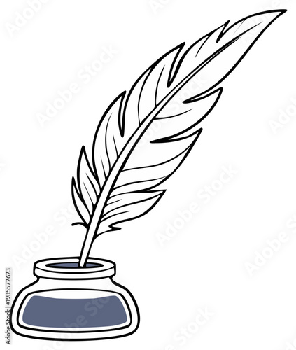 Quill pen dipped in inkwell writing tool illustration