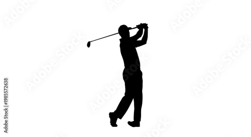 Man playing golf swinging club.
