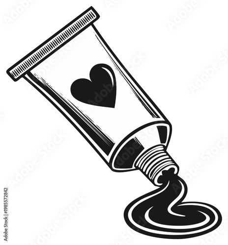 Paint tube dispensing black paint with a heart graphic; artist's black paint for craft designs, vector illustration