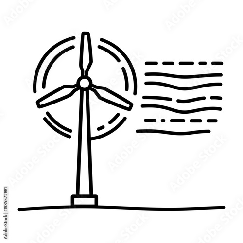 Vector of a wind turbine generating clean energy on a windy day with motion lines.