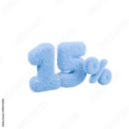 3d illustration of blue hairy number 15 percent or 15% isolated on white background. 3d render.