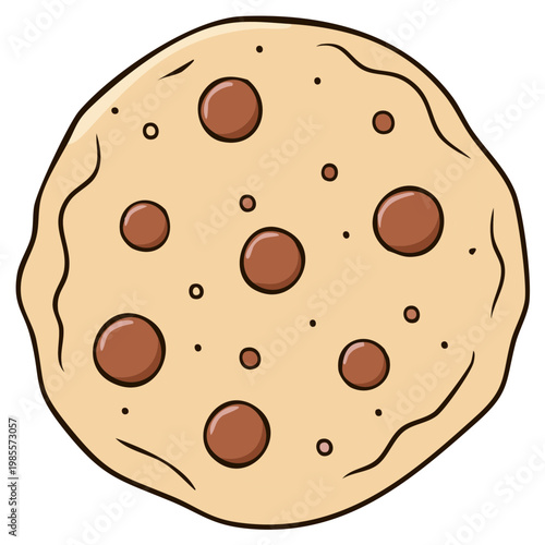 Cartoon style illustration of a freshly baked chocolate chip cookie dessert