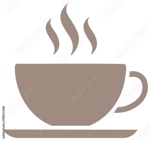 Simple flat design icon of a steaming hot coffee cup on a saucer