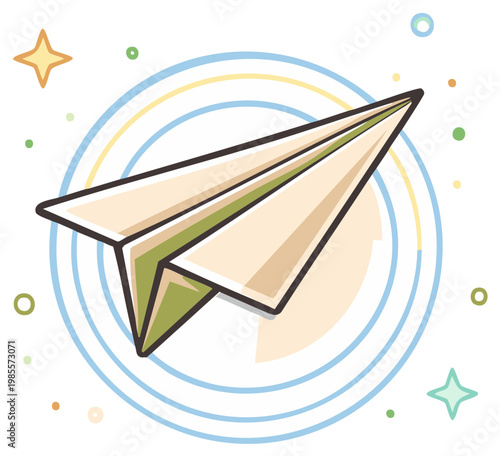 Cartoon Paper Airplane Flying with Colorful Circles and Stars Illustration