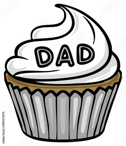 Cartoon cupcake with white frosting and 'DAD' inscription, celebrating fatherhood and special occasions