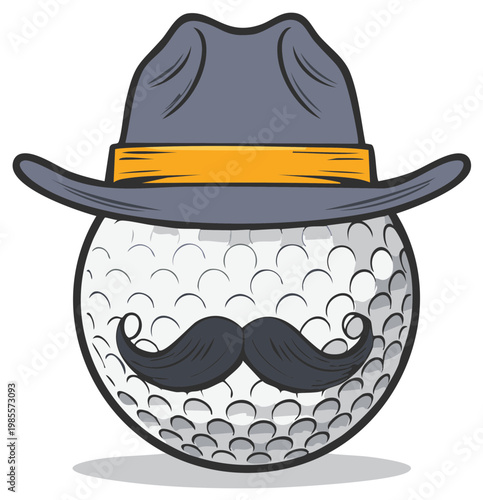 Cartoon Golf Ball Character Wearing Fedora Hat and Moustache Fun Sports Concept Illustration