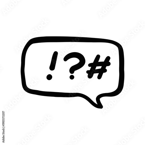 Minimalist doodle style icon of a speech bubble with punctuation symbols, symbolizing active discussion or emotional chat. Vector illustration.
