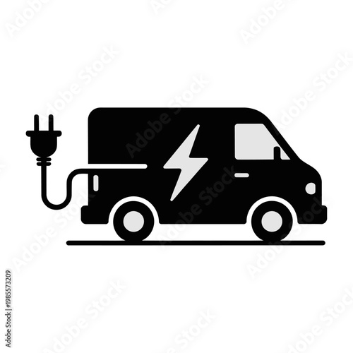 Vector graphic of an electric van being charged with a plug and cable.