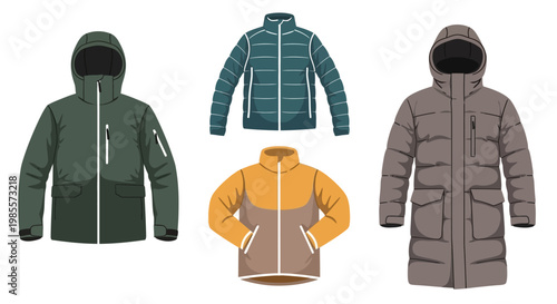 Four different winter jackets on display.