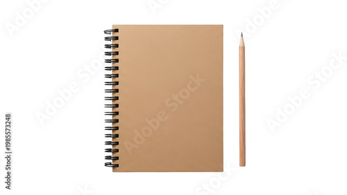 Spiral-bound notebook with a wooden cover and a pencil on a plain surface isolated on white background