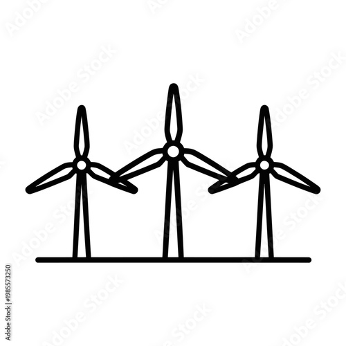 Vector of three wind turbines standing on a flat surface, generating clean energy.
