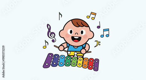 Happy baby playing colorful xylophone music.