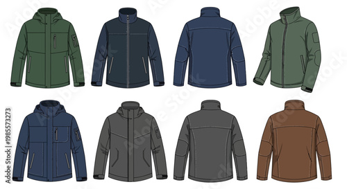 Variety of colored hooded jackets.