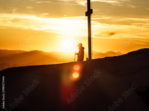 Ski Tourer on the Peak during stunning Sunset, Seekarspitze Obertauern Austria