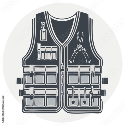 Iconic vector of a multi pocket work vest with pruning shears for a gardener or handyman