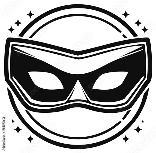 Superhero mask emblem, comic book style with starburst accents in a circular design.