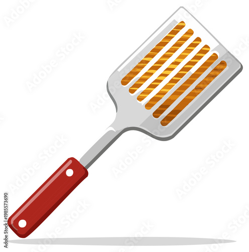 Slotted metal barbecue spatula with red handle, kitchen utensil vector illustration for grilling and cooking