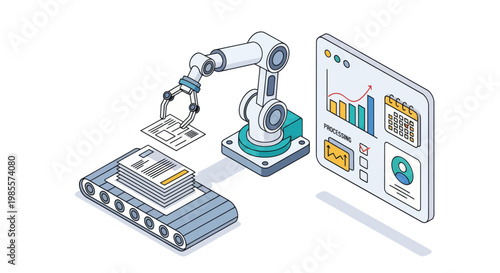 Industrial robotic arm with computer screen.