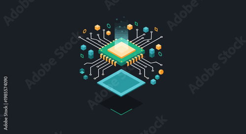 Glowing circuit board with microchip.