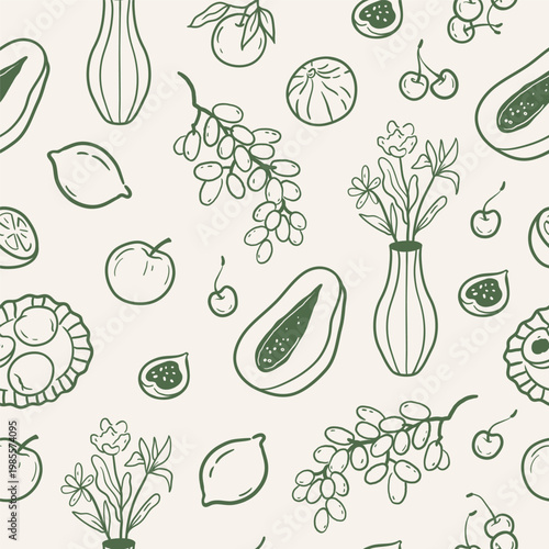 Seamless pattern with fruits, flowers in vase. La dolce vita. Hand drawn vector illustration for textiles, packaging, wallpapers.