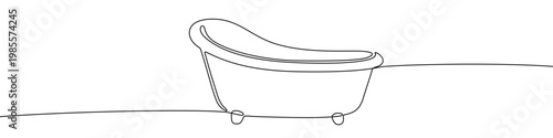 Illustration of a classic bathtub silhouette, made in one continuous line. Minimalist bathtub drawing with a black stroke on a white background, vector illustration.