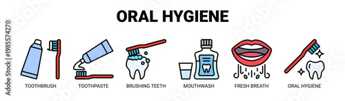 Oral Hygiene web banner icon vector illustration concept with icons of toothbrush, toothpaste, brushing teeth, mouthwash, fresh breath, and oral hygiene. 