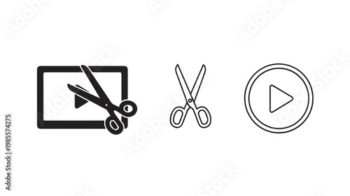 Video editing icons and symbols in black and white