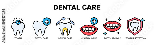 Dental Care web banner icon vector illustration concept with icons of tooth, tooth care, dental care, healthy smile, tooth sparkle, and tooth protection. 
