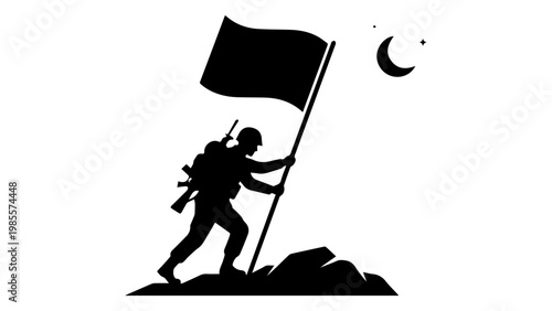 Soldier holding flag on rocky terrain with moon and star in the night sky, vector illustration